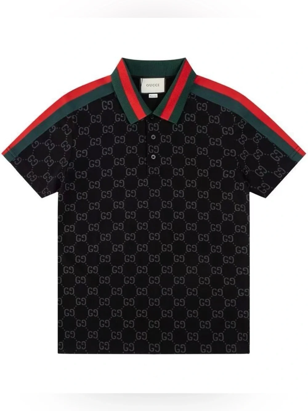 Gucci men Black GG Monogram Polo with Red & Green Trim